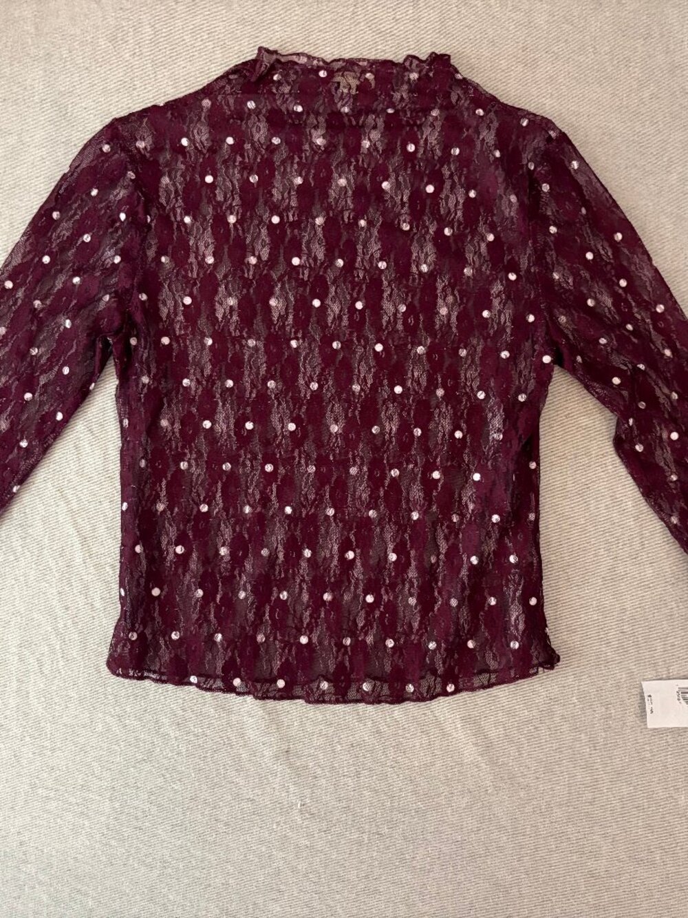 NWT Moa Moa Maroon Sheer Lace Polka Dot Mock Neck Top M - Picture 2 of 5